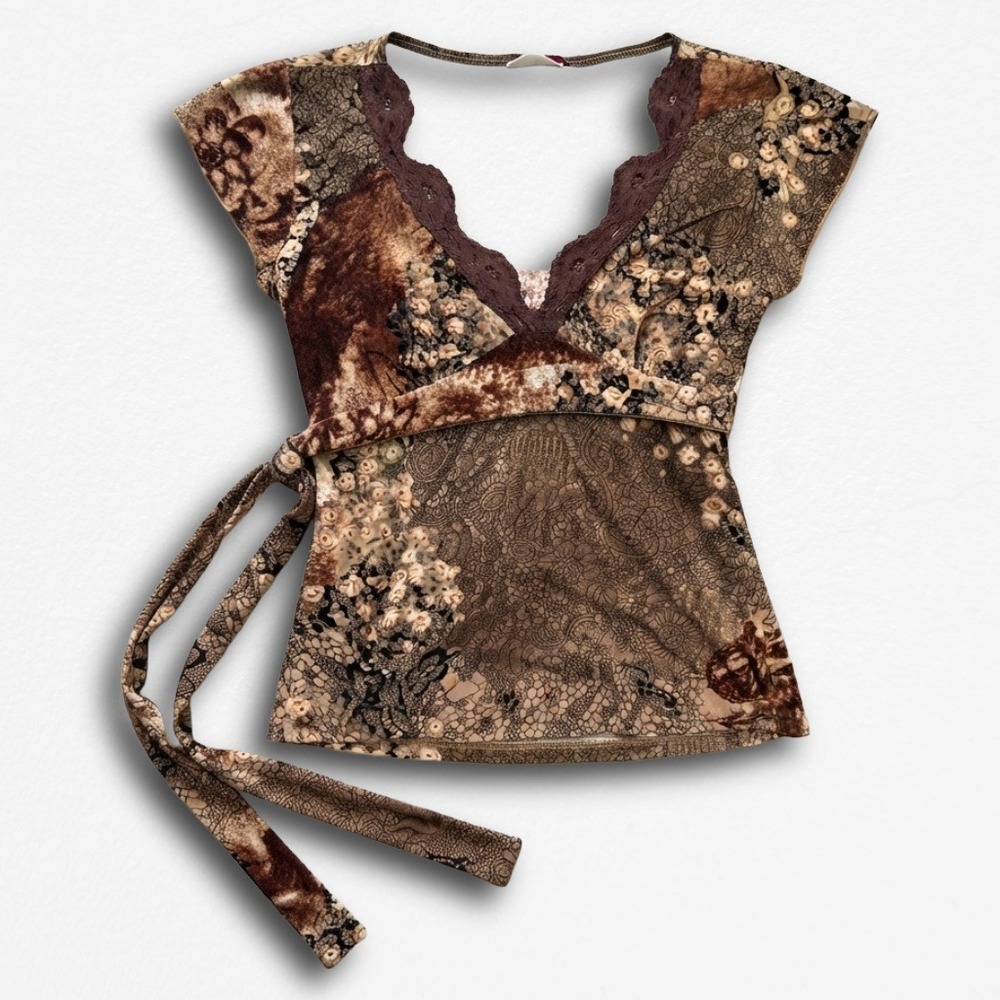 Janette Y2K Brown Floral Lace Print Cap Sleeve Tie Waist Top Juniors Size M